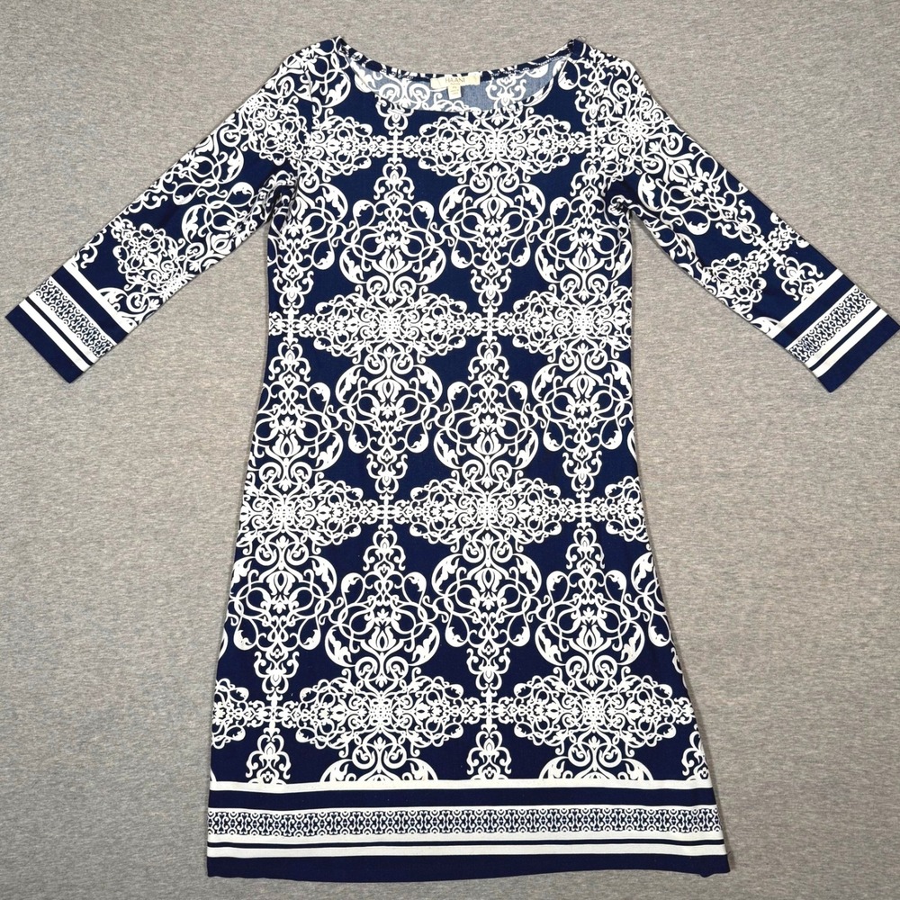 Haani Petite Womens Navy Blue White Damask Scroll 3/4 Sleeve Sheath Dress PS